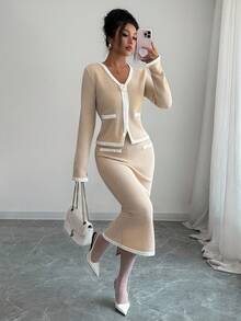 Elenzga Damen Herbst/Winter Neue Bequeme Strick Khaki V-Ausschnitt Langarm Patchwork Hochwertige Spitze 3D Rose Eleganter Elastischer Bund Vielseitiger Einfacher Pullover & Rock Business Lässig Chic Outfit - Khaki - Übersicht 7