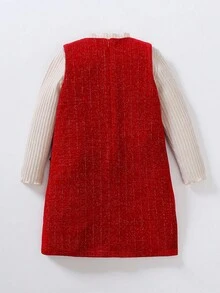 Elladie kids 2件套女童秋冬连衣裙，包含一件无袖罗纹针织拼色连衣裙，饰有红色蝴蝶结，以及一件柔软的高领罗纹毛衣。连衣裙采用微光面料，适合秋冬季节穿着，展现年轻女孩的甜美与成熟气质。 - 紅色 - 查看 2