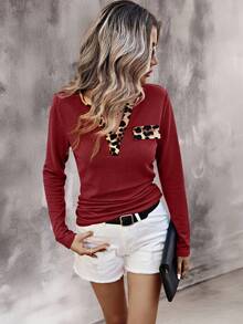 EMERY ROSE Women's Leopard Patchwork Simple Daily Notch Neck Long Sleeve T-Shirt Graphic Cheetah Print Tees Women Tops For Spring - Burgundy - View 3