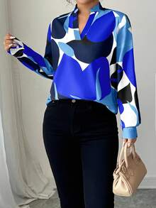 Elenzga Fashionable Commuter Contrast Color Print Notch Collar Shirt - Blue - View 3
