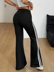 Coolane Women's Winter Streetwear Athleisure Sport Letter Print Stretchy Fleece Lined Warm/ Cold Weather/ Thermal Woven Tape Banded Texture Decoration Comfy Black Boot Cut Flare Pant,Fall