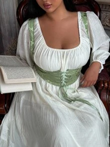 Flirla 大码女式复古腰部收腰中长连衣裙，中世纪/维多利亚风格 - 杏色 - 查看 1