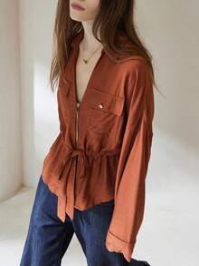 Aveloria Modichic Áo sơ mi nữ dài tay cổ điển đa năng, cổ chữ V, cổ bẻ màu cam-nâu, khóa kéo phía trước, thiết kế eo thắt chặt - màu nâu - Xem 4