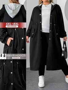 SHEIN CURVE+ 大码女式长袖单排扣抽绳腰休闲撞色连帽风衣女式长外套女式长外套开放式长袍大码夹克适度外套，女式秋季服装冬季秋冬 - 黑色 - 查看 1