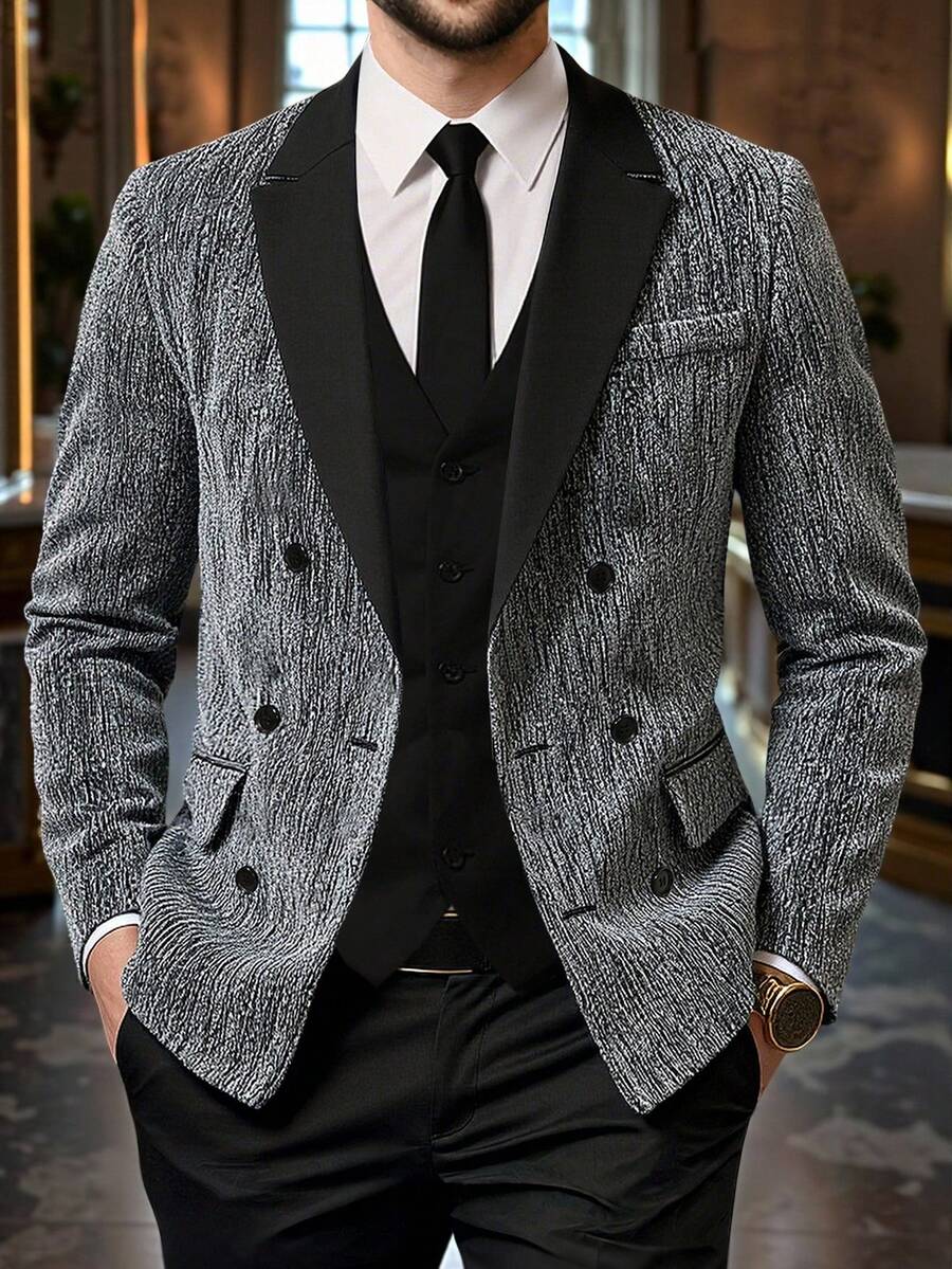 Manfinity AFTRDRK 男士银色V领正装西装外套，春夏季男士双排扣西装男士纹理西装男士时尚西装男士西装婚礼西装 - 銀色 - 查看 1