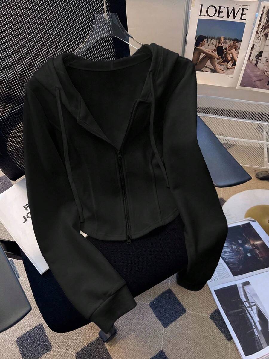 SHEIN 女士纯色连帽拉链休闲百搭长袖夹克 - 黑色 - 查看 1