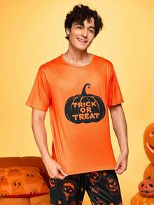 万圣节趣味印花南瓜图案休闲家居睡衣上衣男士 T 恤 - 橘色 - 查看 4