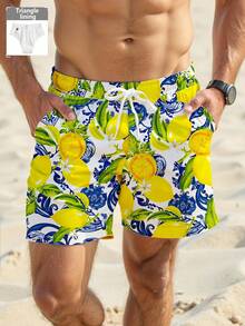 Manfinity RSRT Men's Lemon Fruit Pattern Beach Shorts, Made Of Mesh Fabric And Suitable For Swimming, Vacation, Workout, Gift, Hawaiian - Yellow - View 1