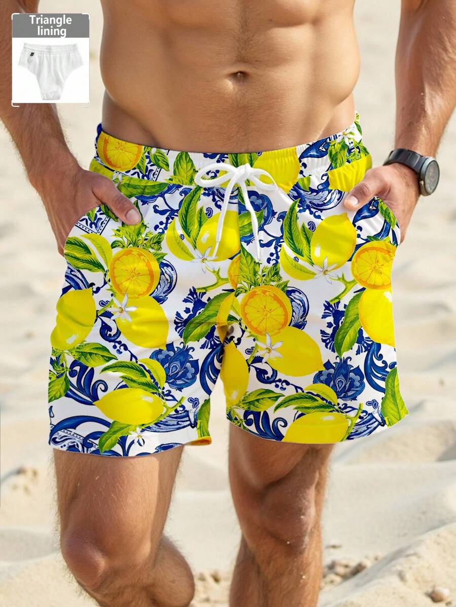 Manfinity RSRT Men's Lemon Fruit Pattern Beach Shorts, Made Of Mesh Fabric And Suitable For Swimming, Vacation, Workout, Gift, Hawaiian - Yellow - View 1