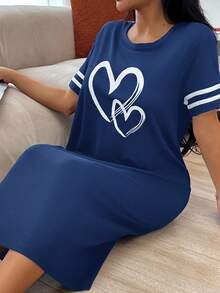 SHEIN 针织面料女士睡裙，短袖，时尚休闲设计，藏蓝色，Moo Moo 睡衣 - 藍色 - 查看 6