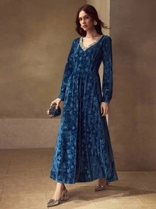MOTF PREMIUM V-NECK RHINESTONE VELVET JACQUARD DRESS - Blue - View 2