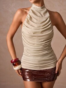 Lumalex 秋冬派对晚宴宴会低调奢华闪耀节日派对狂欢节郊游度假热门户外丰富层次婚礼季宴会成人礼脱衣高领露背水钻闪亮女式上衣奢华舞会身份证件宰牲节派对新年 - 卡其色 - 查看 4