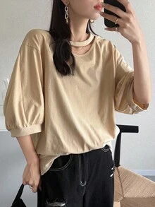 FRIFUL Women's Loose Scoop Neck Oversized T-Shirt With Cut-Out Detail And Lantern Sleeves Loose Tops Solid Color Tops Neutral Tops Aesthetic Tops Cutout Top