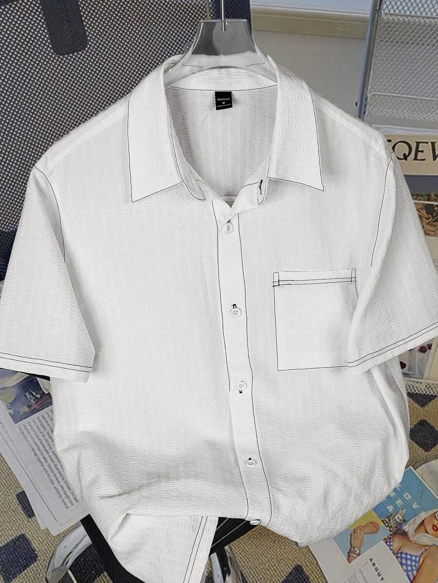 Claim Dot Men's Solid Color White Short Sleeve Single-Breasted Casual Button Up Shirt - White - View 1