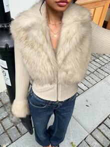 Muchica 杏色仿皮草拉链长袖女式夹克，时尚街头风格，秋冬