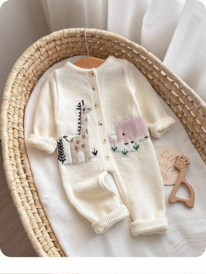 SHEIN Pelele de manga larga con estampado de dibujos animados lindo para bebé recién nacida, otoño/invierno