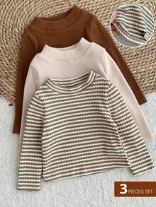 SHEIN LMoss Kids LMoss Baby Girl 3pcs Baby Girl Knitted Striped Collar Casual T-Shirt Set Baby Girl Long Sleeve Shirt Baby Girl Knit Top Baby Girl Long Sleeve Top Baby Girl Striped Shirt Baby Girl Casual Top Fall Winter