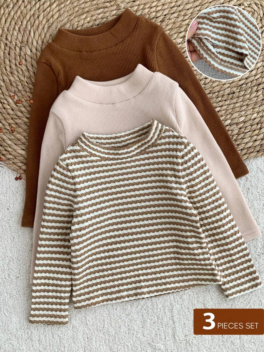 SHEIN LMoss Kids LMoss Baby Girl 3pcs Baby Girl Knitted Striped Collar Casual T-Shirt Set Baby Girl Long Sleeve Shirt Baby Girl Knit Top Baby Girl Long Sleeve Top Baby Girl Striped Shirt Baby Girl Casual Top Fall Winter