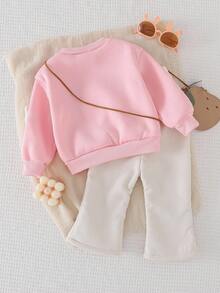 Playful Pals 两件套女婴可爱兔子T恤套装，圆领长袖3D立体刺绣兔子T恤上衣搭配松紧腰裤，保暖内衬休闲套装，适合温暖秋冬季日常外出穿着。 - 粉色 - 查看 2