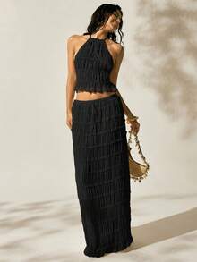 Easelle 2件套女士浪漫黑色露背低腰裙度假户外装黑色两件套女士度假装女士裙子套装两件套裙子百褶裙套装夏季2件套女士 - 黑色 - 查看 5