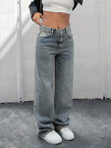 EURMUSE HIGH WAIST CASUAL STYLE DENIM STRAIGHT - Medium Wash - View 4