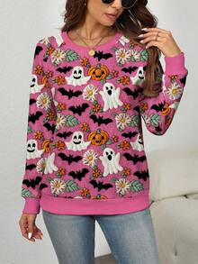 EMERY ROSE Plus Size Ghost, Pumpkin & Bat Print Raglan Sleeve Sweatshirt For Halloween Fall Cloth For Women Winter Autumn - Multicolor - View 4