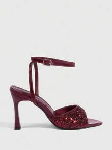 CUCCOO SZL Giày cao gót đính sequin thời trang và thanh lịch dành cho nữ - Màu Đỏ Sâu - Xem 2
