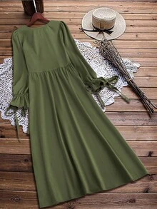 Linhara Plus Size Women Solid Color Long Sleeve Round Neck Pleated Front Loose Fit Elegant Vintage Versatile Casual Dress Fall Cloth For Women - Army Green - View 2