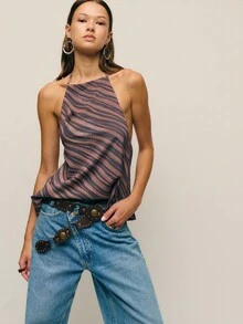 Nöista Halter Neck Top With A Draped Cowl Front, Featuring Fluid Wavy Stripes In Earthy Brown And Black. A Chic Piece That Transitions Seamlessly From Office Layering To Night-Out Glam With Trousers Or Skirts. - Brown - View 1