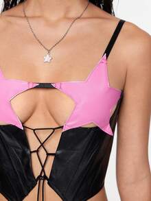 ROMWE Street Life Top ajustado de contraste de color con diseño asimétrico y cordones de encaje sexy para mujeres - Negro - Ver 3