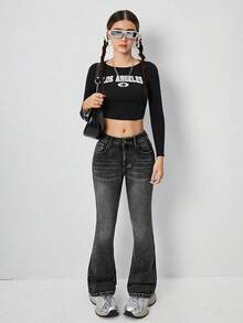 Sparklyn Teen Girls' Casual Washed Low Waist Slim Fit Flare Jeans Fall Winter