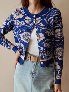 Florisole Vintage Jacquard Knit Long Sleeve Cardigan Fall Winter Cloth For Women