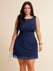 SHEIN BAE Plus Size Women Sleeveless Mesh Dress, Spring/Summer - Navy Blue - View 4