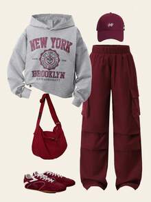 Tween Girls Casual Printed Hoodie & Cargo Pants Set - Burgundy - View 3