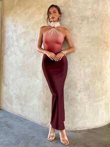 Aloruh Women's Elegant Sexy Metal Buckle Decor Hollow Out Bodycon Black Knit Stretch Maxi Dress, Ombre Angola Red Print, Graceful,Party Dress Chic Dress,Wedding Guest Dress,Prom Dress,Fall Wedding Guest Dress