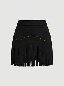 SHEIN Tall CURVE Plus Size Women's Vintage Hippie Rivet Fringe Black A-Line Skirt, Fall Winter Skirt, Summer, Valentine,Daily Life, Commuting, Studying, Teachers, Meetings, Office,Graduation Ceremony, Elegant, Casual,Black Skirt - Black - View 4