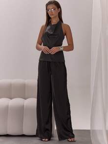 MUSERA Top longo drapeado com decote halter, elegante e sexy, para ocasiões especiais como festas de fim de ano, férias, outono, com sobreposições, perfeito para primavera e verão. - Preto - Ver 3