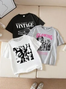 3 件套 Tween Girl 图案印花 T 恤，黑色、白色、灰色，街头风格休闲短袖上衣