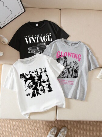3 件套 Tween Girl 图案印花 T 恤，黑色、白色、灰色，街头风格休闲短袖上衣