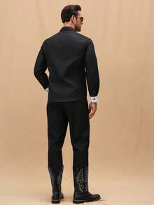 Manfinity Nomadique Men's Casual Everyday Contrast Color Button-Front Shirt And Pants Set,Fall Clothes - Black - View 2