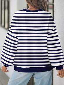 SHEIN EZwear 休闲简约蓝白条纹大码女式卫衣，适合秋冬季 - 彩色 - 查看 2