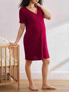 BloomMama 孕妇睡衣 - 七分袖连衣裙（罗纹） - 酒紅色 - 查看 5