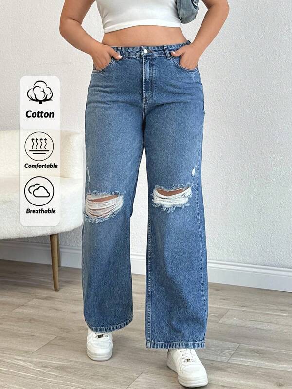 EURMUSE 100% Cotton Plus Size Women Knee Ripped Pockets Waist Elastic Straight Leg Jeans