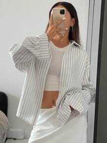 Livesso 女式宽松长袖翻领休闲条纹衬衫，春夏秋季上衣 - 白色 - 查看 8