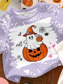 Baby Girl 3pcs Cute Halloween Set, White & Purple & Apricot Yellow Simple Round Neck Short Sleeve T-Shirts, Suitable For Street Style, Home, Party - Multicolor - View 4