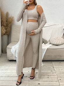 SHEIN Maternity Ribbed Crew Neck Tank Top + Long Sleeve Jacket + Pants 3-Piece Set - Apricot - View 4