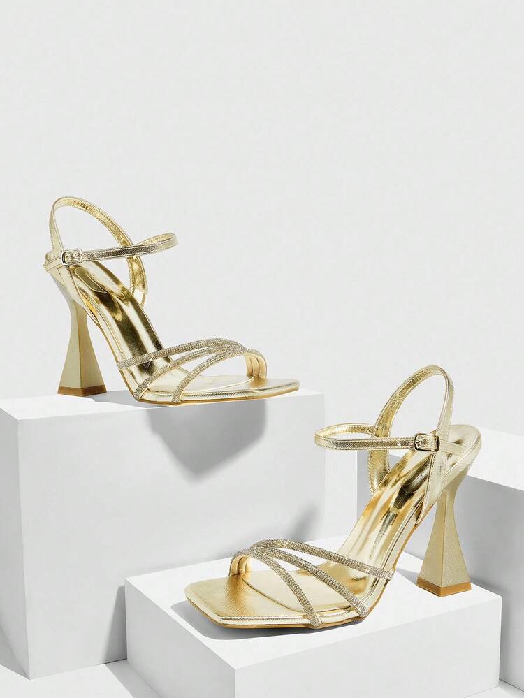 CUCCOO SZL Gold Metal PU Rhinestone Strap Buckle Fashionable Sexy Glamorous Nightclub Style Chunky High Heel Square Toe Sandals