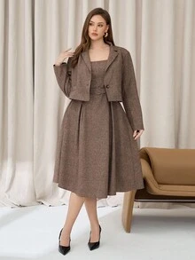 Auralis 春季大码纯色单排扣长袖西装外套连衣裙优雅套装