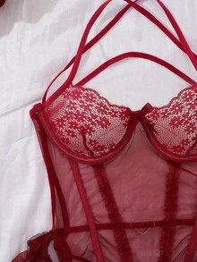 SHEIN Women's Lace Contrast Mesh Sheer Backless Bodysuit For Rave For Going Out - Burgundy - View 3