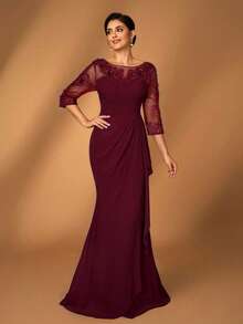 Serin Váy dài tay voan voan xám hồng thanh lịch dành cho nữ, cổ tròn, tay dài, xếp nếp, đính sequin, viền đuôi cá siêu nhỏ, thích hợp cho đám cưới của mẹ cô dâu, sự kiện trang trọng, lễ hội âm nhạc, tiệc tùng - Màu Đỏ Sâu - Xem 5